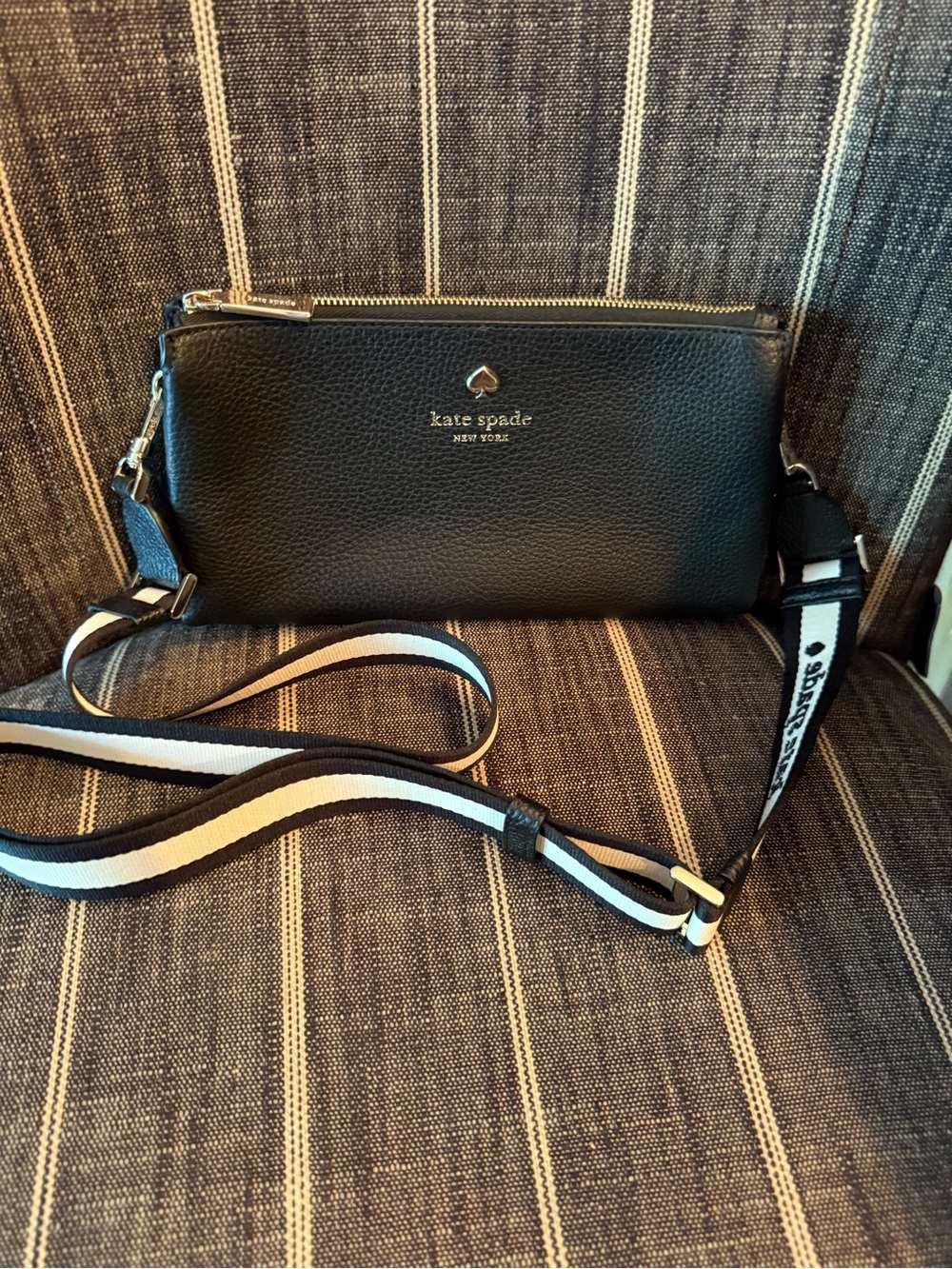 kate spade Black Leather Crossbody with Striped Adjustable Strap